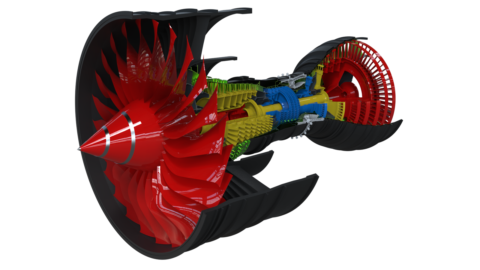 3D cutaway model of a jet engine showing color-coded components, used in Interactive Electronic Technical Manuals (IETMs) to illustrate internal mechanisms and support step-by-step maintenance procedures.